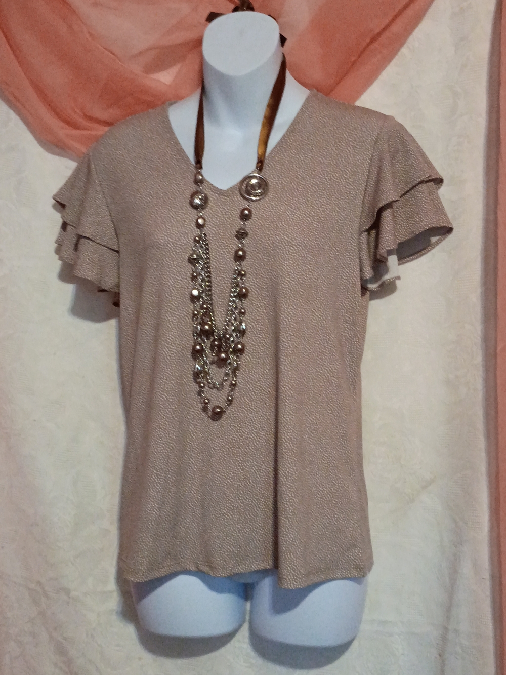 Adrianna Papell Ladies Beige Taupe Ruffle Sleeve V-Neck Blouse Sz Sm